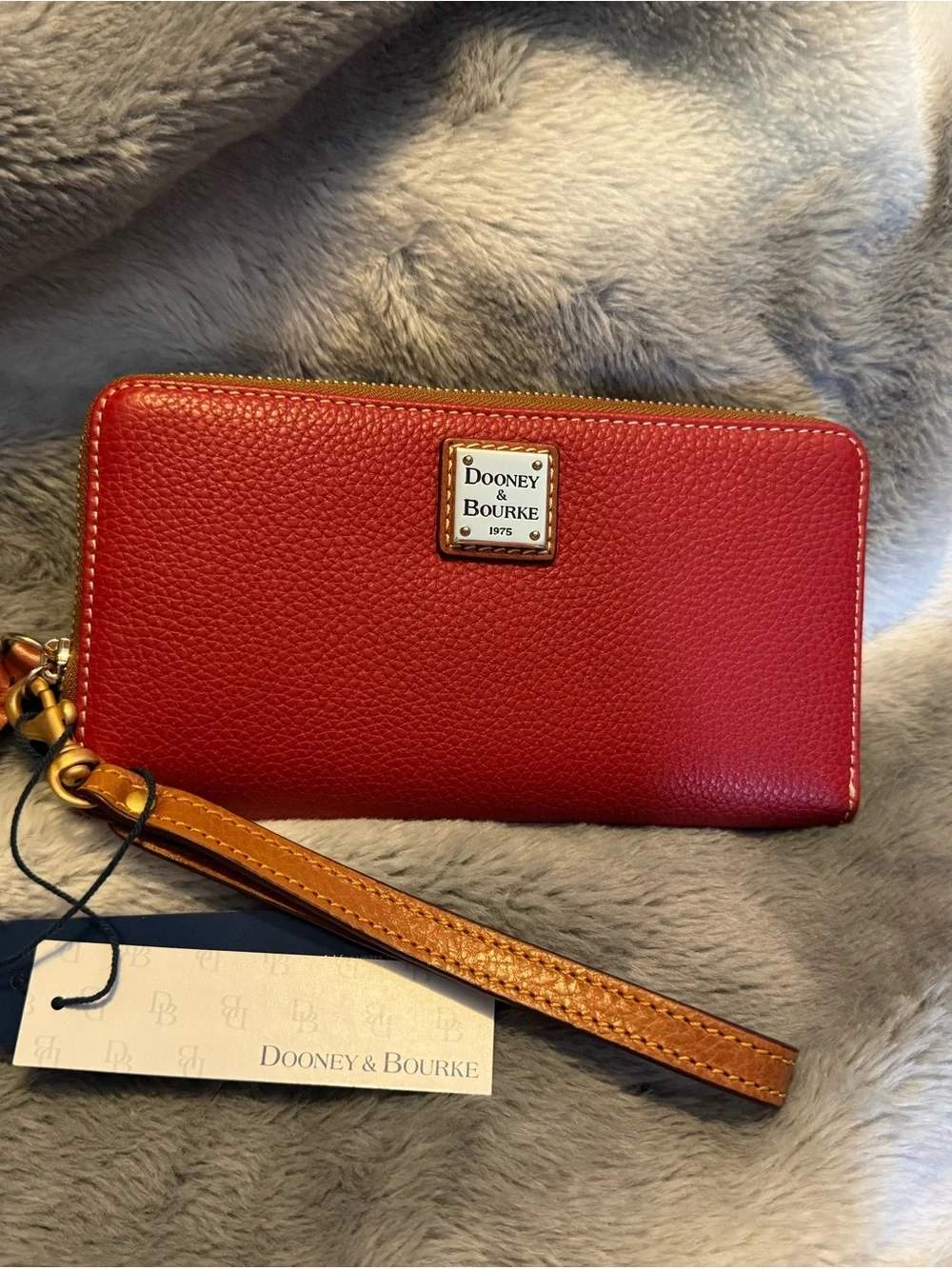Dooney & Bourke Red Pebbled Leather Medium Zip Wristlet with Tan Strap